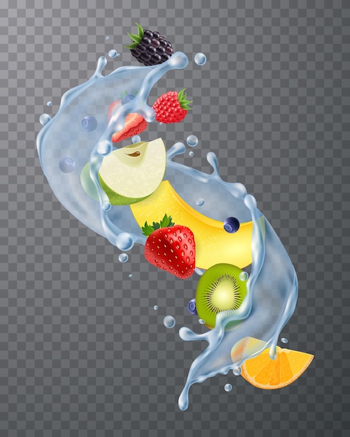 Gratis vector realistische waterplons met verse aardbeien, bramen, meloen, kiwi, fruitsegmenten op donker