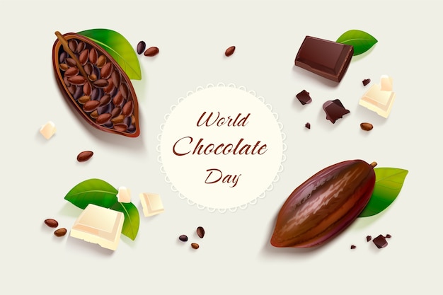 Gratis vector realistische wereldchocoladedagillustratie met cacaobonen