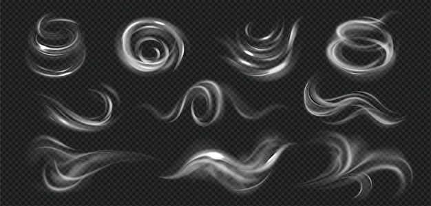 Realistische windwervelingen met monochrome afbeeldingen van rookslierten van verschillende vorm op transparante vectorillustratie als achtergrond