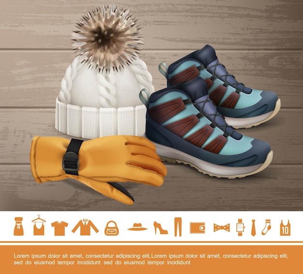 Realistische winterkleren concept met handschoen gebreide muts sneakers schoen horloges stropdas sok overhemd tas jas jurk broek portemonnee boog pictogrammen