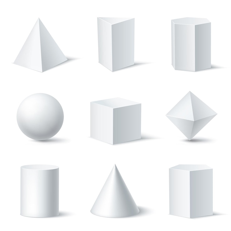 Gratis Vector realistische witte geometrische vormen die met negen geïsoleerde vaste lichaamsvoorwerpen op duidelijke achtergrond met schaduwenillustratie worden geplaatst