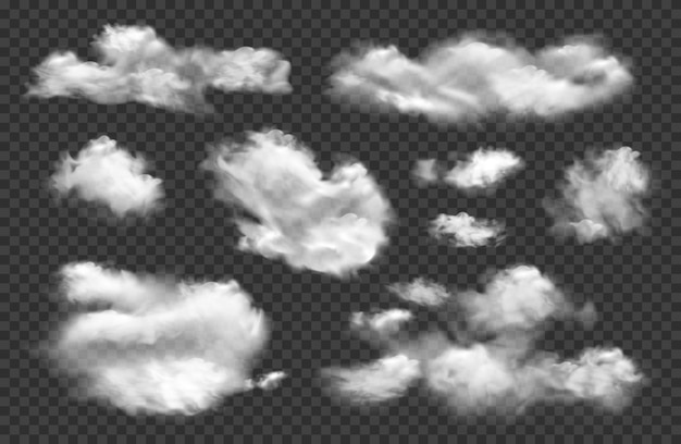 Realistische wolkenhemel set van geïsoleerde witte wolken met verschillende vorm en grootte op transparante achtergrond vector illustratie