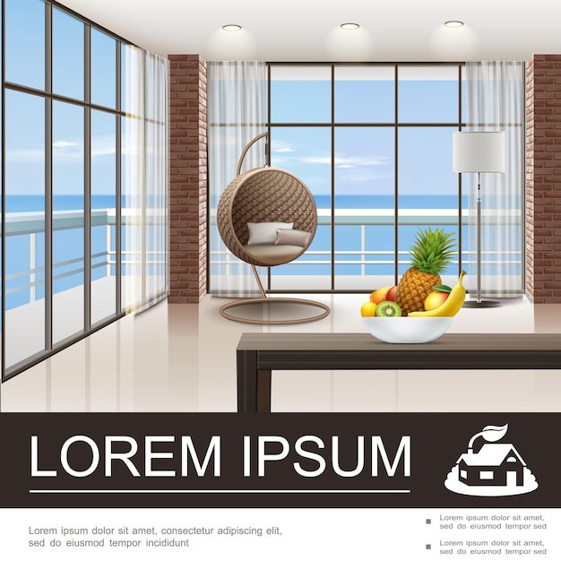 Realistische woonkamer interieur poster met moderne rieten stoel lamp plaat van fruit op tafel en zee landschap buiten windows illustratie