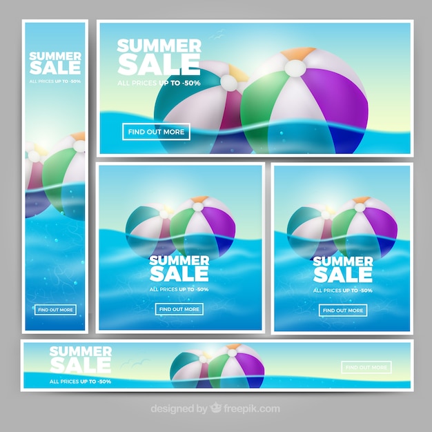 Gratis vector realistische zomer verkoop banners met opblaasbare bal