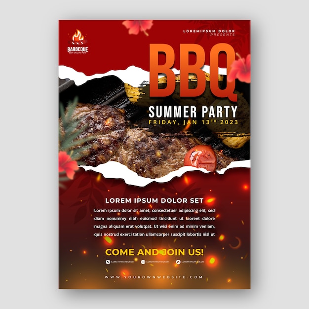 Gratis vector realistische zomerbarbecue-postersjabloon met vlees