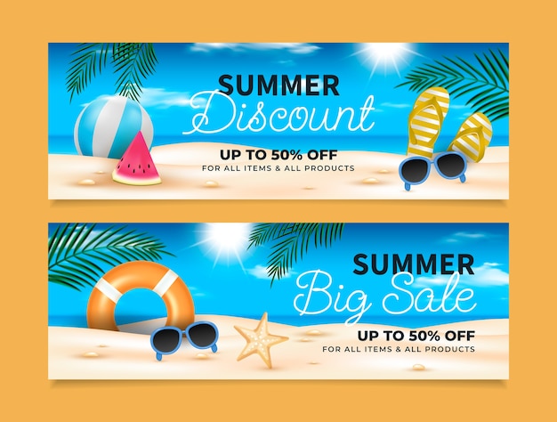 Gratis vector realistische zomerverkoop horizontale banners collectie