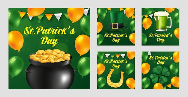 Gratis vector reallistische instagram posts-collectie voor de viering van st patrick's day