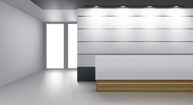 Receptie interieur met modern bureau, lampverlichting aan plafond en glazen deur
