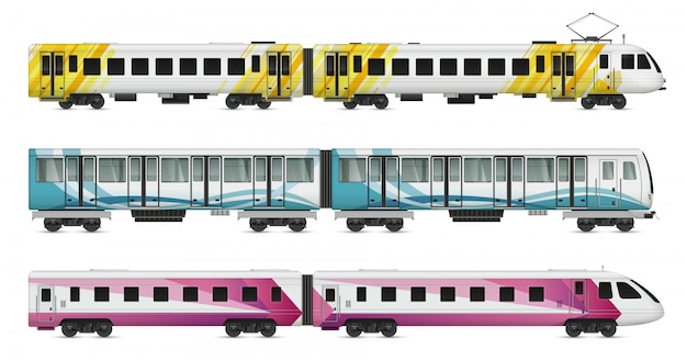 Rechte realistische het modelreeks van de passagierstram trein ondergrondse metropolitaanse en interlokale treinen in de voorsteden op lege illustratie