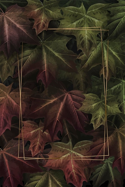 Gratis vector rechthoekig gouden frame op hand getrokken herfst esdoornblad patroon achtergrond vector