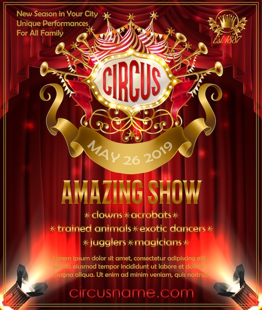 Gratis vector reclameaffiche voor circus-verbazingwekkende show, uitnodiging voor cirque-uitvoering.