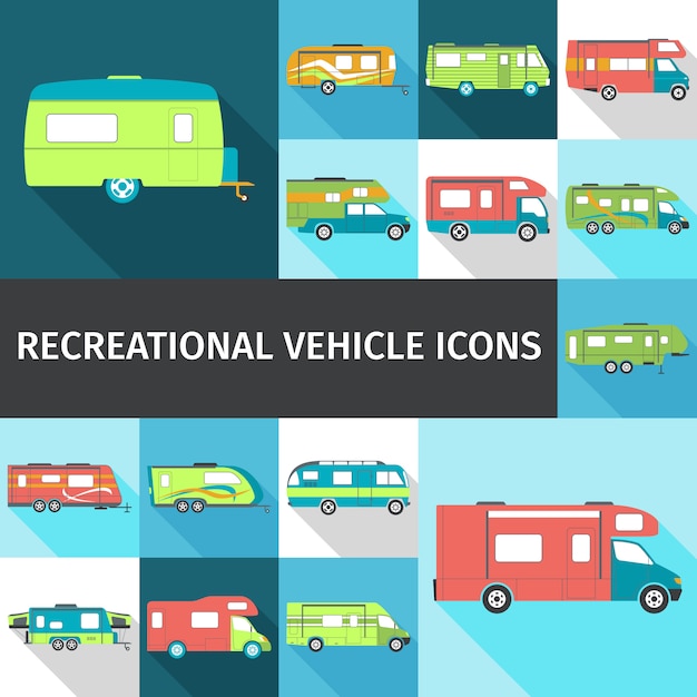 Gratis vector recreatief voertuig vlakke pictogrammen