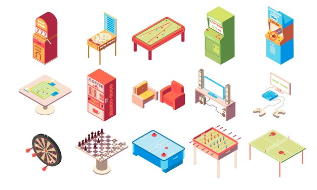 Recreatieruimte isometrische set met schaken en tafeltennis geïsoleerde vectorillustratie