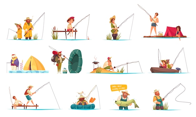 Gratis vector recreatieve visserij cartoon set met winter ijs hengelsport familie in boot vangen en vrijgeven van vis vectorillustratie