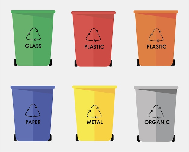 Recycle afvalbakken. vector illustratie. organisch, batterijen, metaal plastic papier, glas, e-waste