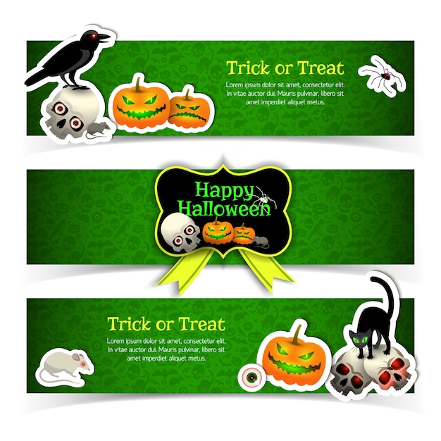 Reeks banners met Halloween-elementendieren en geel lint op groene gestructureerde geïsoleerde achtergrond