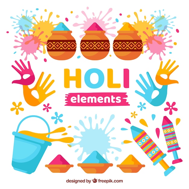 Gratis vector reeks elementen voor holifestival in vlakke stijl