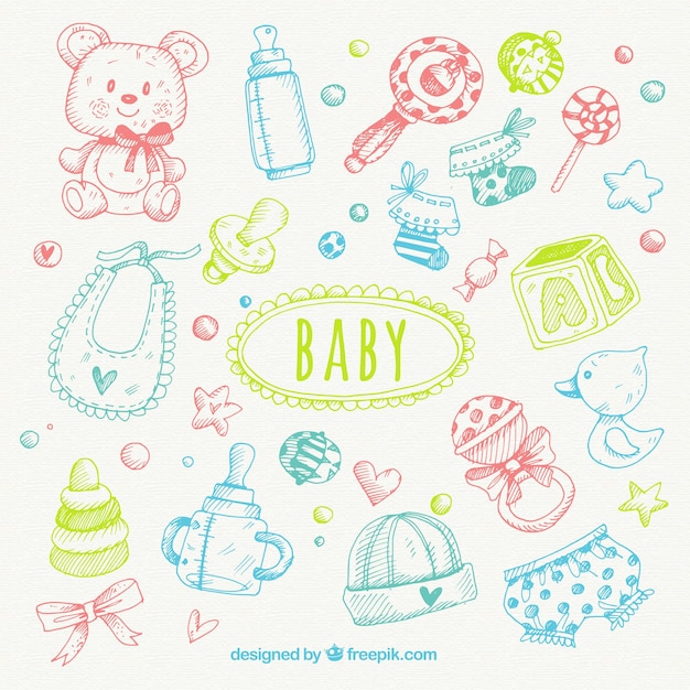 Gratis vector reeks gekleurde babyelementen sketches