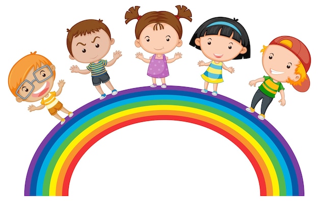 Gratis vector reeks gelukkige kinderen die zich op regenboog bevinden