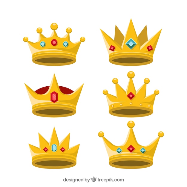 Gratis vector reeks gouden kronen met edelstenen