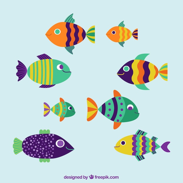Reeks kleurrijke vissen in vlakke stijl