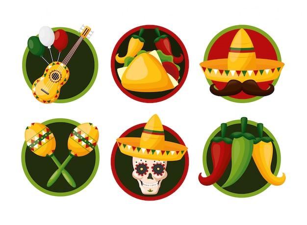 Gratis vector reeks mexicaanse cultuurpictogrammen, cinco de mayo, de illustratie van mexico