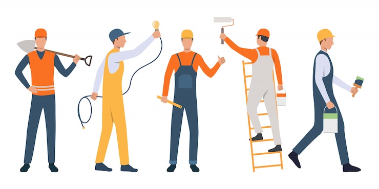 Gratis Vector reeks moderne arbeiders die huis herstellen