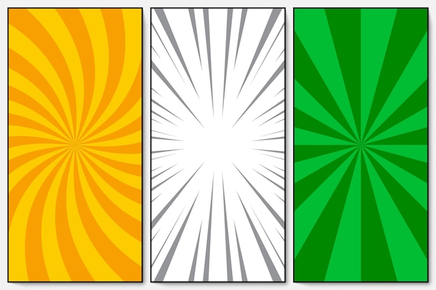 Gratis vector reeks oranje, groene, witte stralen en spiraalvormig retro pop-art als achtergrond