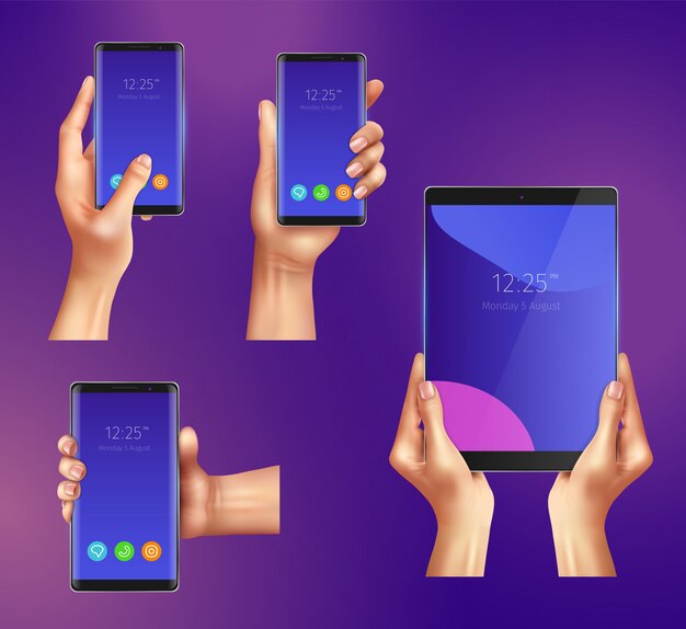 Reeks realistische gadgets slimme telefoons en tablet in vrouwelijke handen geïsoleerde illustratie