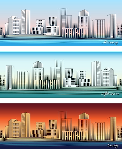 Gratis vector reeks skylines van de stad in naadloze ochtend-, middag- en avondachtergronden.