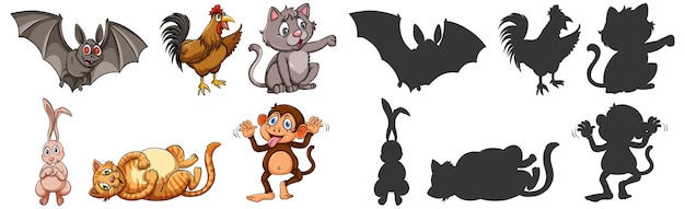 Gratis vector reeks tekenfilmdieren met silhouet