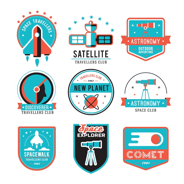 Gratis vector reeks uitstekende ruimte en astronautkentekens, emblemen, emblemen en etiketten.