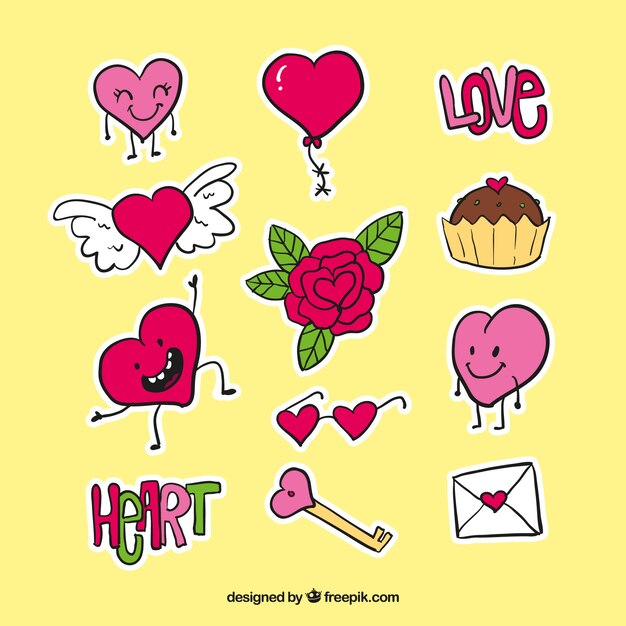 Reeks van grappige hand getekende Valentijn stickers