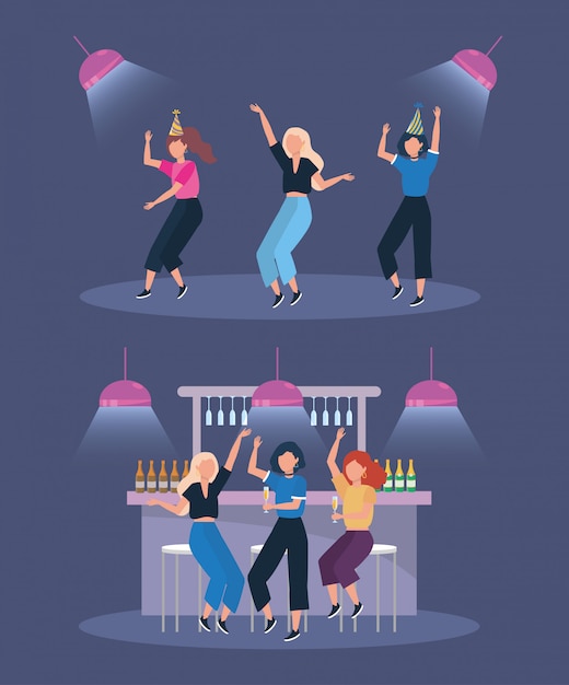 Gratis vector reeks vrouwen die met champagneflessen en lichten dansen