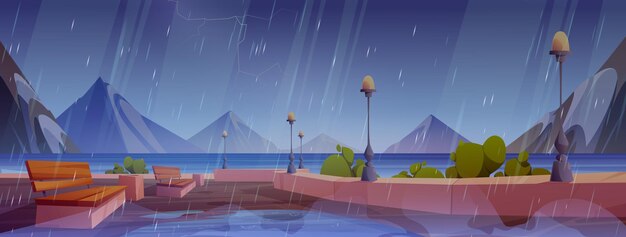 Regenachtige dag op de stadspromenade aan zee met bergen aan de horizon Vector cartoon illustratie van bewolkte hemel met bliksem waterplassen op natte kade met bankjes en straatlantaarns Resortstad