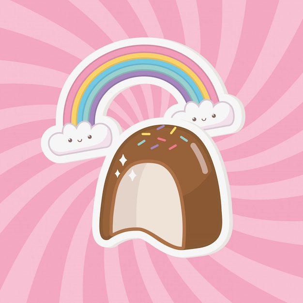 Regenboog met wolkenkawaii en chocoladesuikergoed