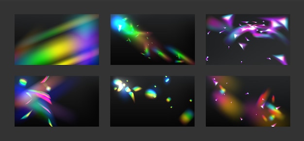 Regenboog strepen en flare reflectie licht van kristalglas of edelsteen vector realistische illustratie set breking en lichtlek effecten heldere spectrum vonken van lens