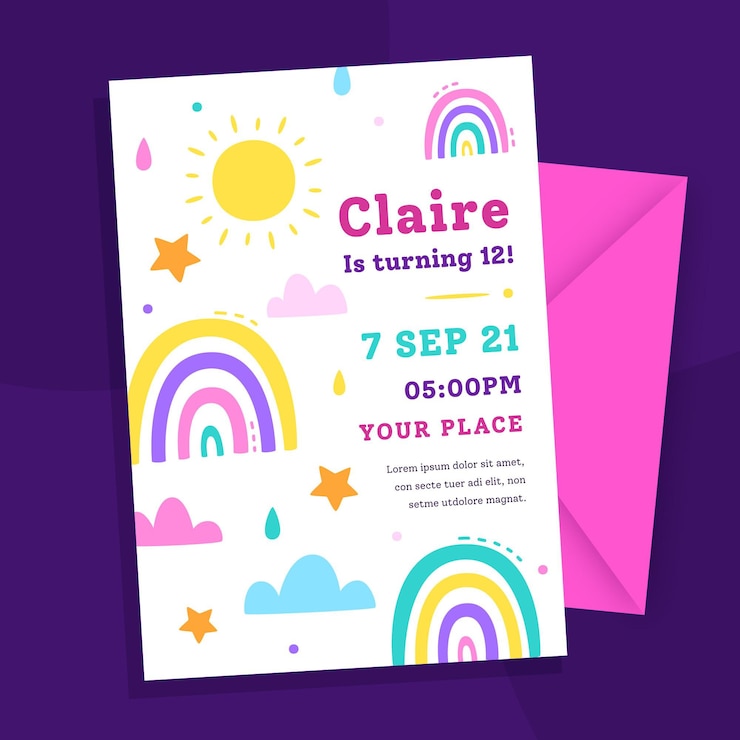 Gratis Vector regenboog verjaardag uitnodiging sjabloon