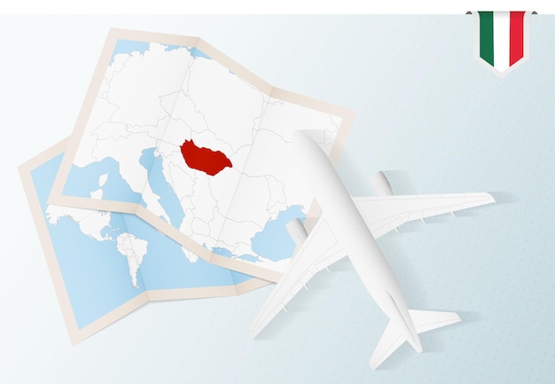 Reis naar hongarije, bovenaanzicht vliegtuig met kaart en vlag van hongarije.