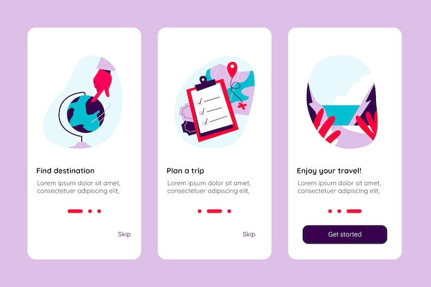 Gratis vector reis onboarding app scherm