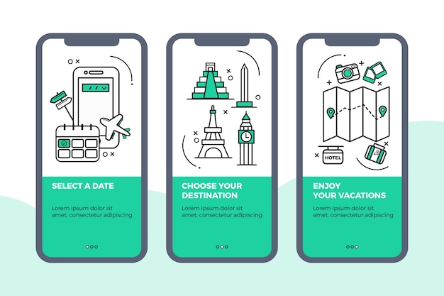 Gratis vector reis onboarding app schermen pack