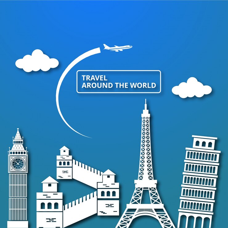 Gratis Vector reiscompositie met beroemde bezienswaardigheden in de wereld reizen over de hele wereld