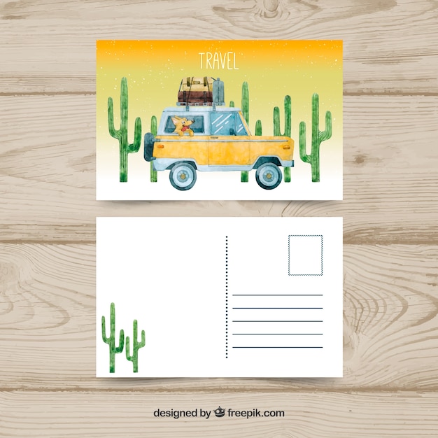 Reisprentbriefkaar met bestelwagen en cactus in hand getrokken stijl