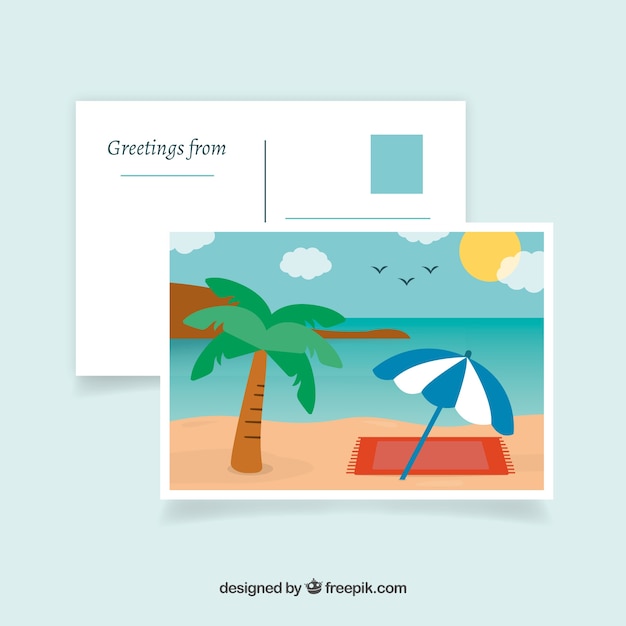 Gratis vector reisprentbriefkaar met strandmening in vlakke stijl