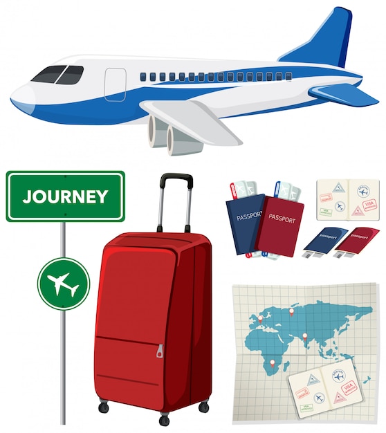 Gratis vector reisset met vliegtuig en andere items op witte achtergrond