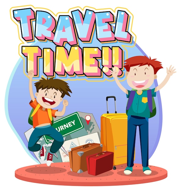 Gratis vector reistijd typografie logo met stripfiguren van reizigers