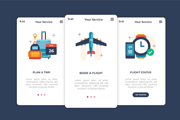 Reizen onboarding app schermen concept