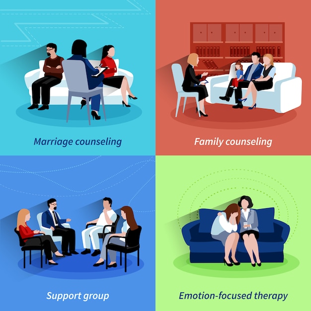 Gratis vector relatie counseling 4 platte pictogrammen quare