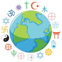 Religieuze symbolen rond de planeet aarde