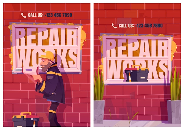 Reparatie werkt cartoon advertentie posters. bouwer met gereedschap